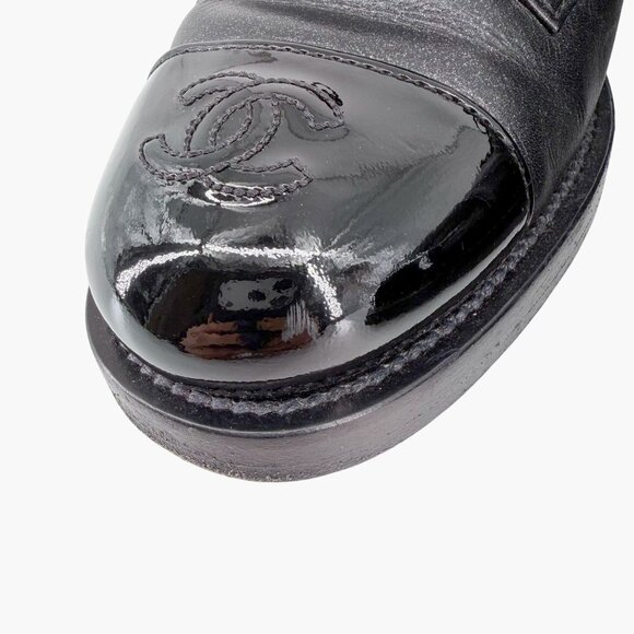 Chanel Black Glitter Leather CC Cap Toe Combat Boots Size 39 US 8–8.5 Women's - Picture 6 of 15